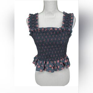 Free The Roses Blue Pink Polka Dot Smoked Cropped Top Size S
